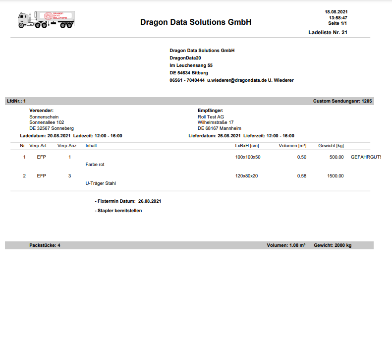 Bild der DDS-WebConnect Ladeliste